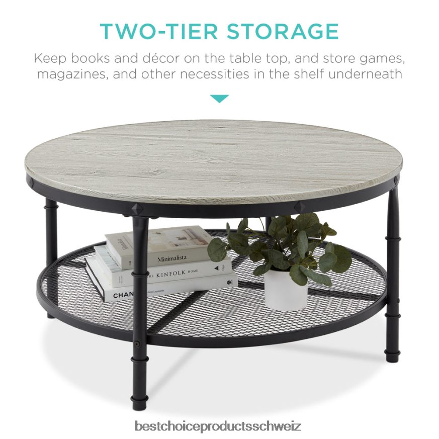 Best Choice Products Runder Industrie-Couchtisch aus Holz und Stahl mit 2 Ebenen und Ablagefächern grau 2JD022356