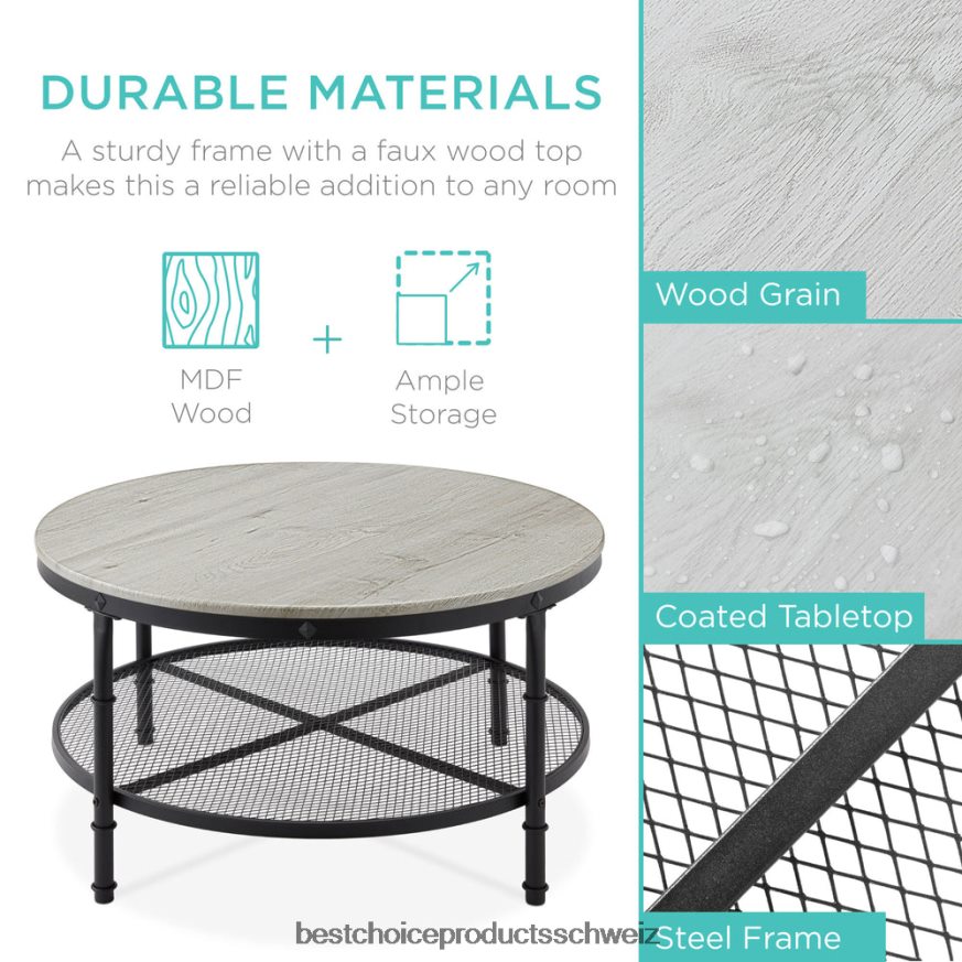 Best Choice Products Runder Industrie-Couchtisch aus Holz und Stahl mit 2 Ebenen und Ablagefächern grau 2JD022356