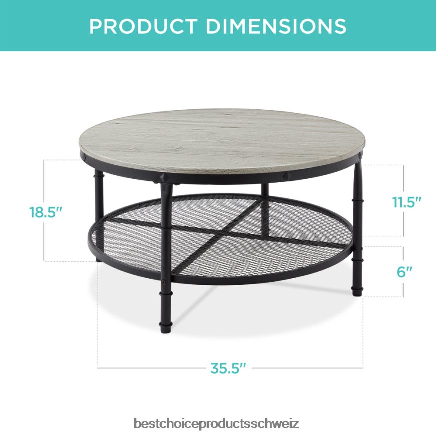 Best Choice Products Runder Industrie-Couchtisch aus Holz und Stahl mit 2 Ebenen und Ablagefächern grau 2JD022356