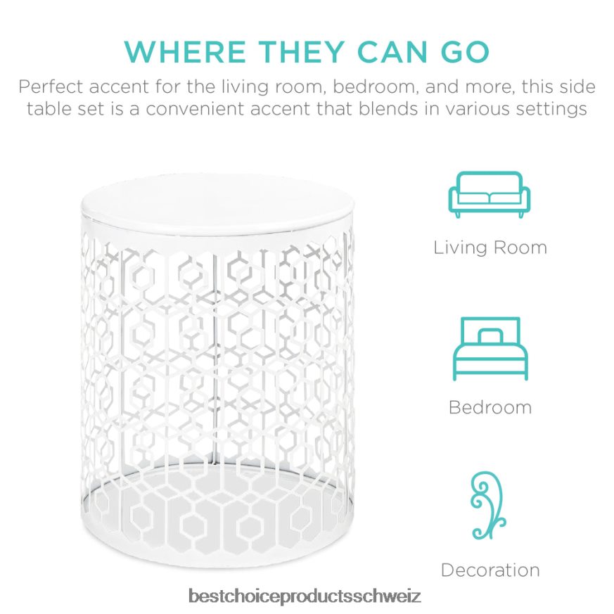 Best Choice Products Set aus 2 dekorativen, runden Beistelltisch-Nachttischen mit ineinander steckbarem Design Weiß 2JD0221245