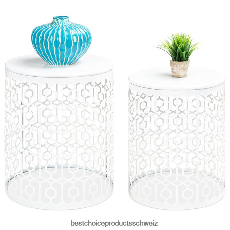 Best Choice Products Set aus 2 dekorativen, runden Beistelltisch-Nachttischen mit ineinander steckbarem Design Weiß 2JD0221245