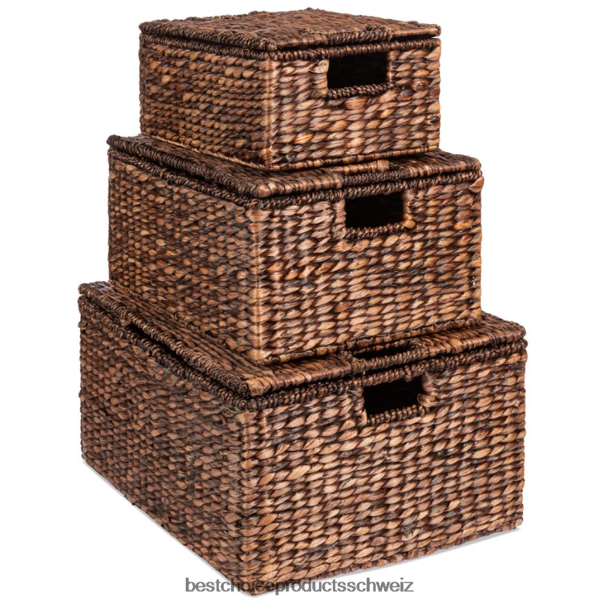 Best Choice Products Set mit 3 großen Aufbewahrungskörben aus Hyazinthe mit Griffen und Deckel braun 2JD022728