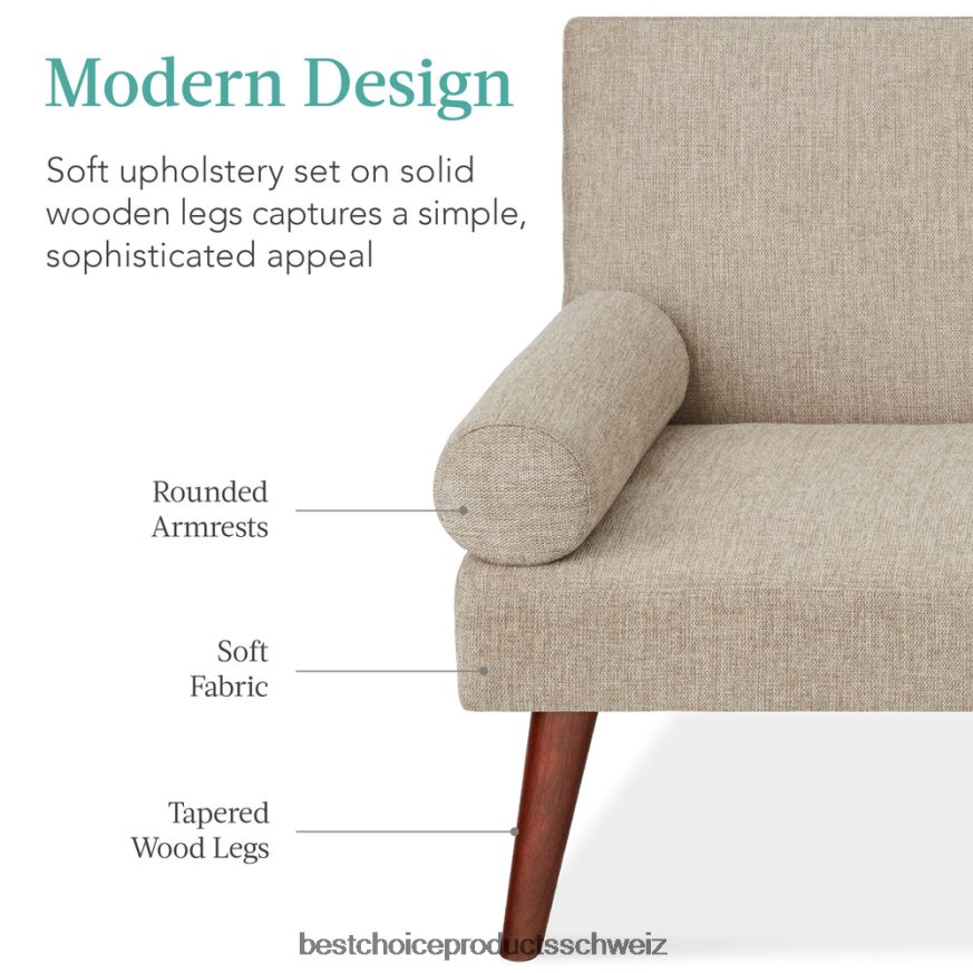 Best Choice Products Stoffgepolsterter Cabrio-Futon mit abgerundeten Armlehnen, 2 Getränkehalter Sand 2JD022684