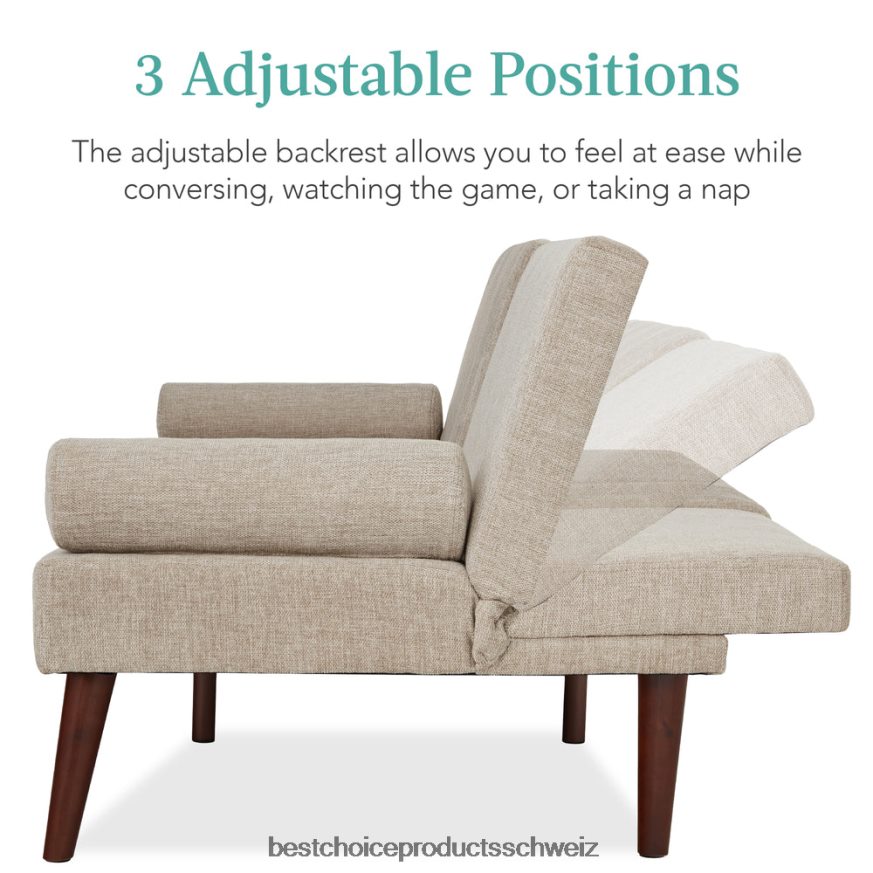 Best Choice Products Stoffgepolsterter Cabrio-Futon mit abgerundeten Armlehnen, 2 Getränkehalter Sand 2JD022684