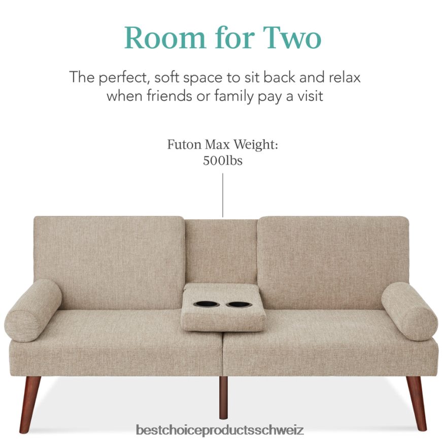 Best Choice Products Stoffgepolsterter Cabrio-Futon mit abgerundeten Armlehnen, 2 Getränkehalter Sand 2JD022684