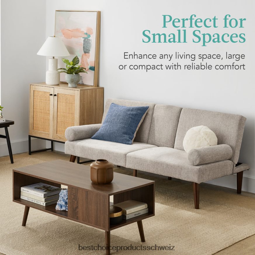 Best Choice Products Stoffgepolsterter Cabrio-Futon mit abgerundeten Armlehnen, 2 Getränkehalter Sand 2JD022684