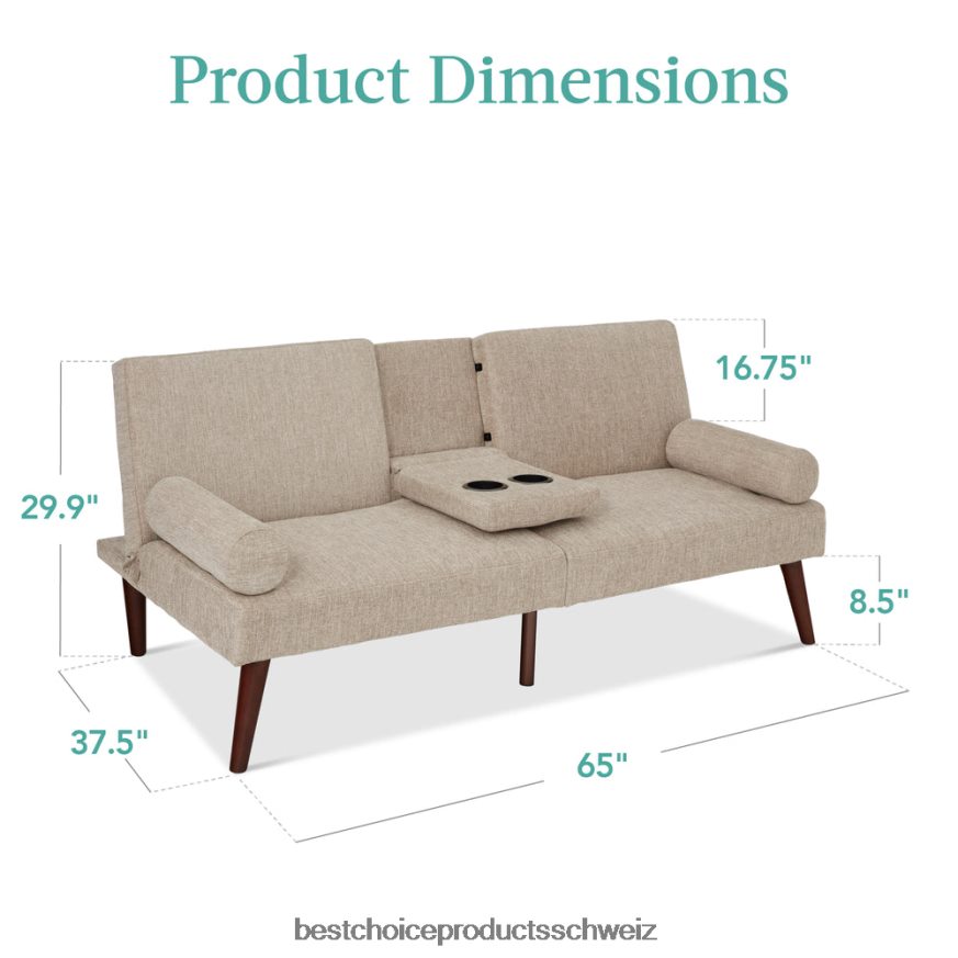 Best Choice Products Stoffgepolsterter Cabrio-Futon mit abgerundeten Armlehnen, 2 Getränkehalter Sand 2JD022684