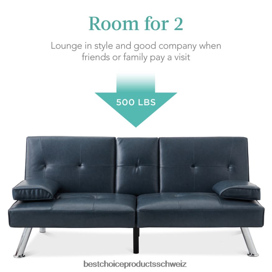Best Choice Products Umwandelbares Futon-Schlafsofa mit Kunstlederpolsterung und 2 Getränkehaltern Blau 2JD022631