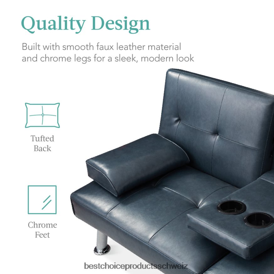 Best Choice Products Umwandelbares Futon-Schlafsofa mit Kunstlederpolsterung und 2 Getränkehaltern Blau 2JD022631
