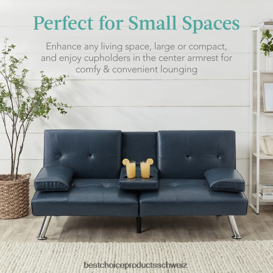 Best Choice Products Umwandelbares Futon-Schlafsofa mit Kunstlederpolsterung und 2 Getränkehaltern Blau 2JD022631