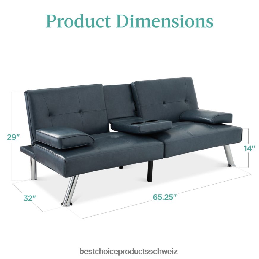 Best Choice Products Umwandelbares Futon-Schlafsofa mit Kunstlederpolsterung und 2 Getränkehaltern Blau 2JD022631