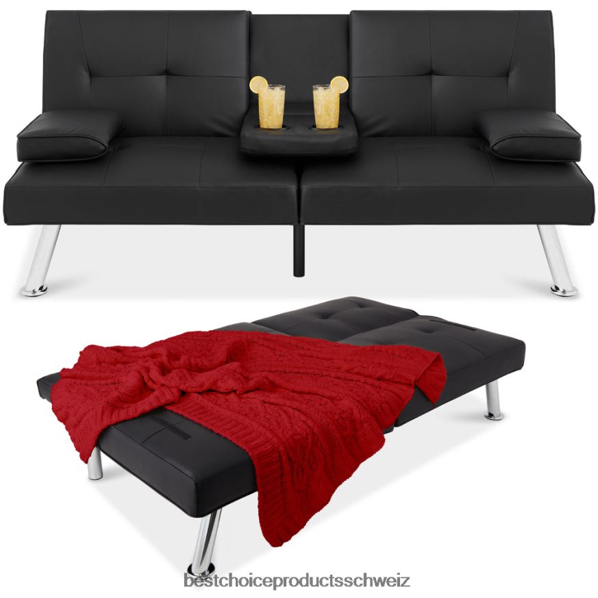 Best Choice Products Umwandelbares Futon-Schlafsofa mit Kunstlederpolsterung und 2 Getränkehaltern Schwarz 2JD022627