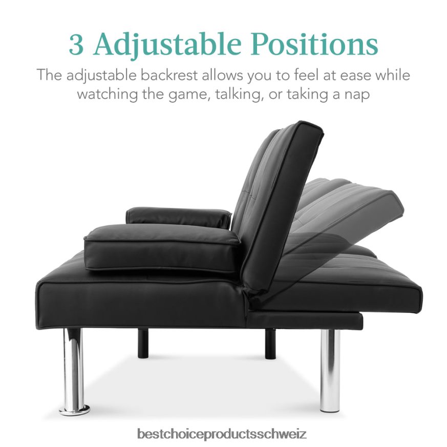 Best Choice Products Umwandelbares Futon-Schlafsofa mit Kunstlederpolsterung und 2 Getränkehaltern Schwarz 2JD022627