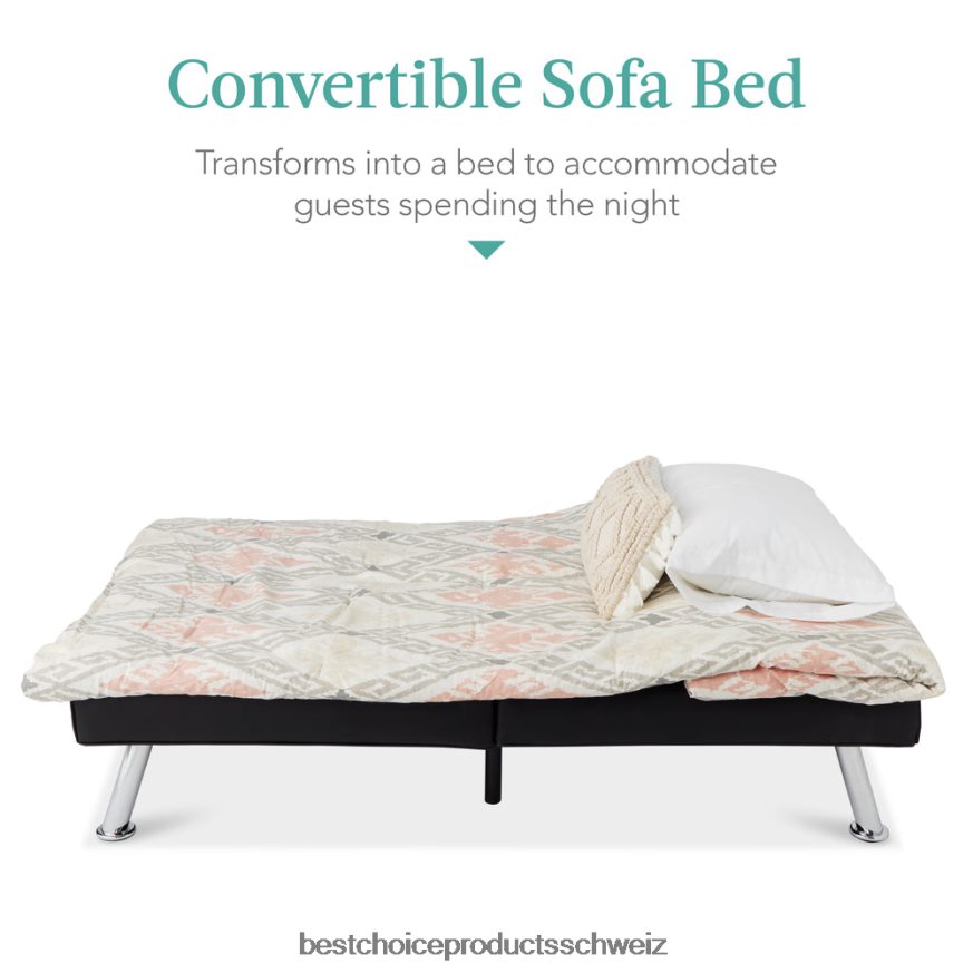 Best Choice Products Umwandelbares Futon-Schlafsofa mit Kunstlederpolsterung und 2 Getränkehaltern Schwarz 2JD022627