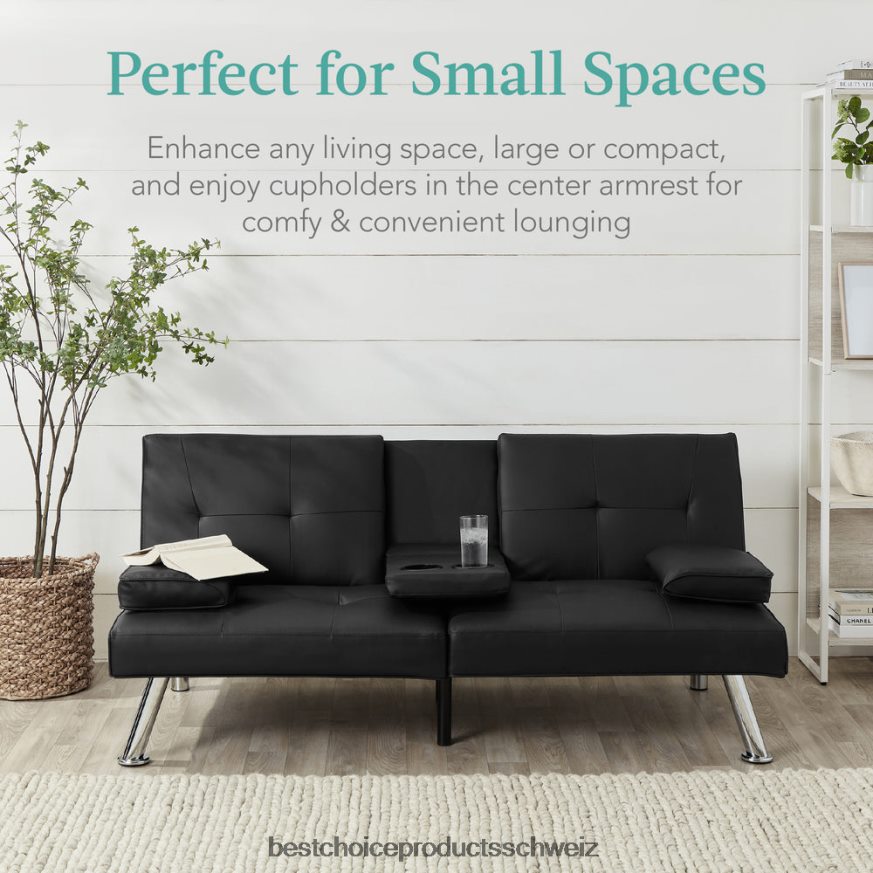 Best Choice Products Umwandelbares Futon-Schlafsofa mit Kunstlederpolsterung und 2 Getränkehaltern Schwarz 2JD022627
