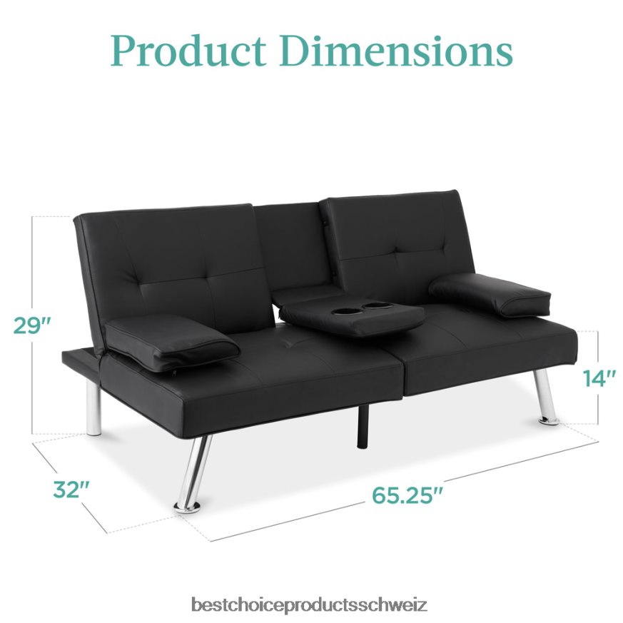 Best Choice Products Umwandelbares Futon-Schlafsofa mit Kunstlederpolsterung und 2 Getränkehaltern Schwarz 2JD022627
