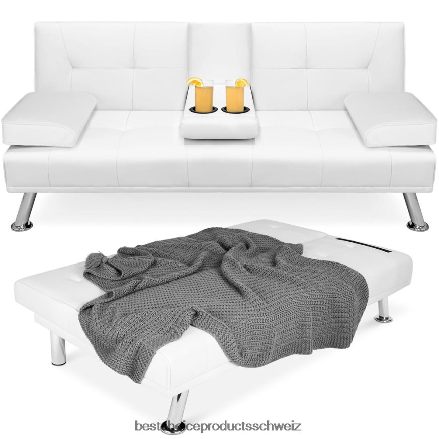 Best Choice Products Umwandelbares Futon-Schlafsofa mit Kunstlederpolsterung und 2 Getränkehaltern Weiß 2JD022628