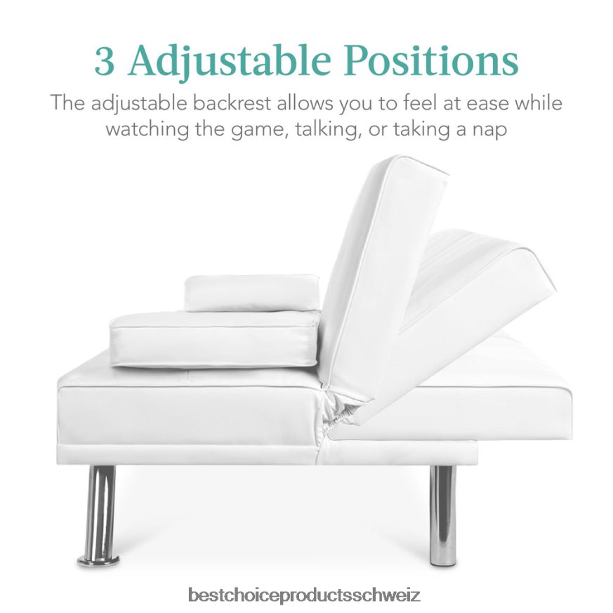 Best Choice Products Umwandelbares Futon-Schlafsofa mit Kunstlederpolsterung und 2 Getränkehaltern Weiß 2JD022628