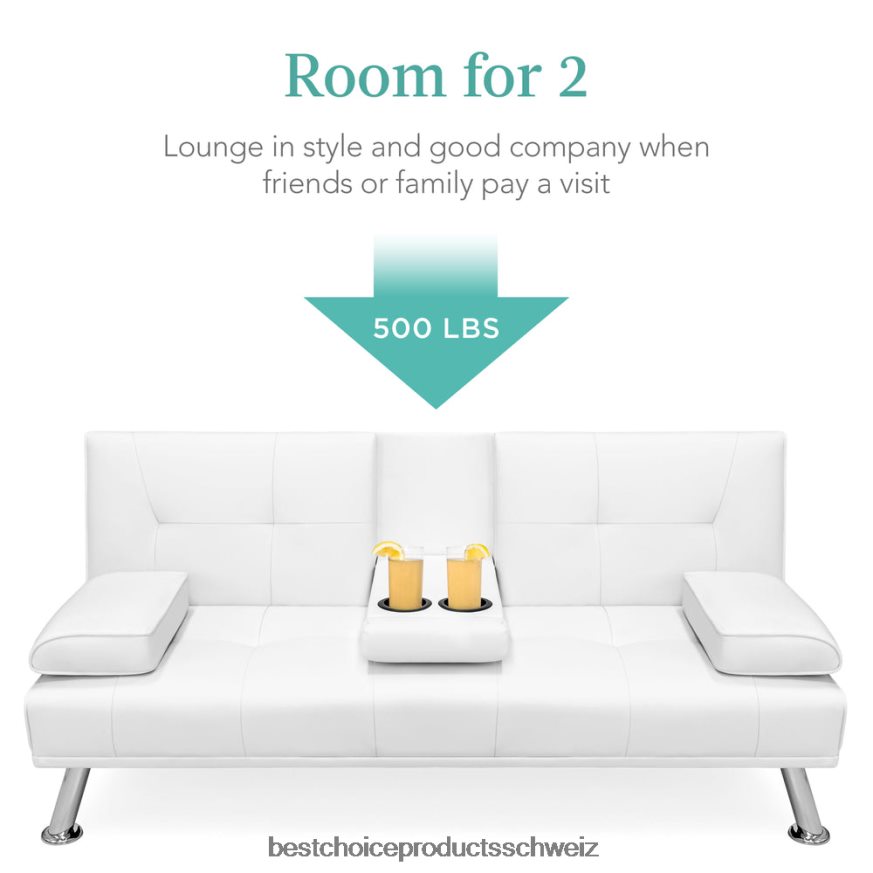 Best Choice Products Umwandelbares Futon-Schlafsofa mit Kunstlederpolsterung und 2 Getränkehaltern Weiß 2JD022628