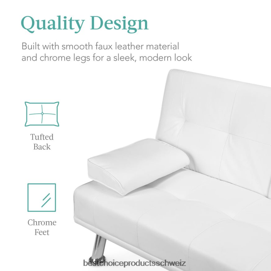 Best Choice Products Umwandelbares Futon-Schlafsofa mit Kunstlederpolsterung und 2 Getränkehaltern Weiß 2JD022628
