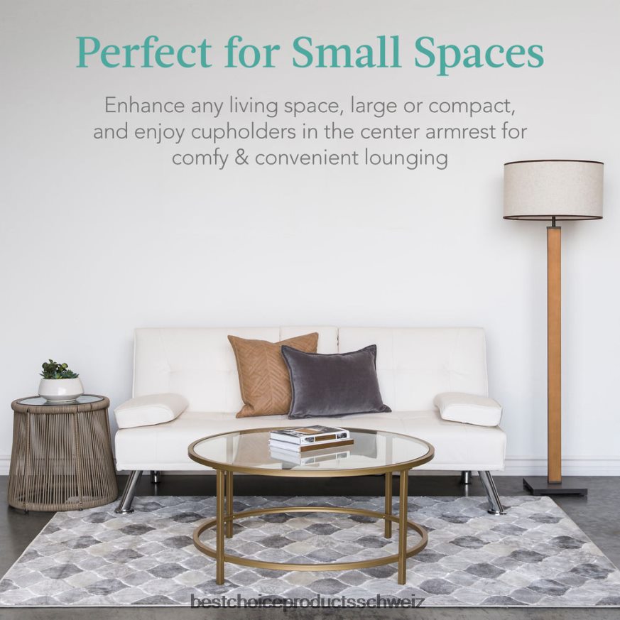 Best Choice Products Umwandelbares Futon-Schlafsofa mit Kunstlederpolsterung und 2 Getränkehaltern Weiß 2JD022628