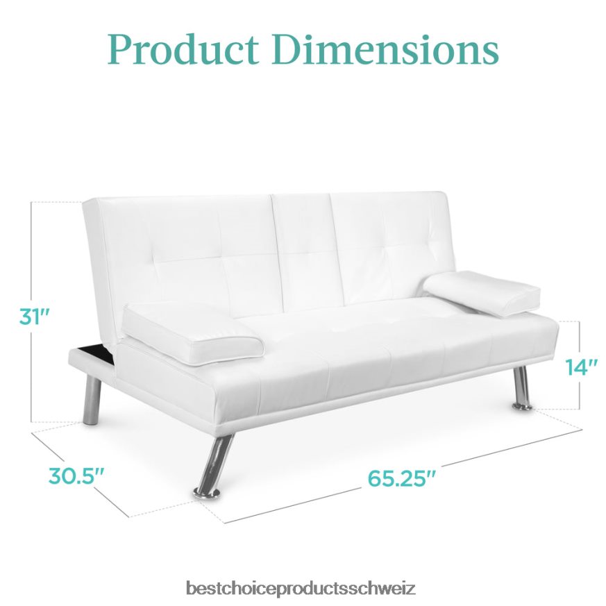 Best Choice Products Umwandelbares Futon-Schlafsofa mit Kunstlederpolsterung und 2 Getränkehaltern Weiß 2JD022628