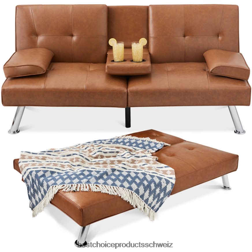 Best Choice Products Umwandelbares Futon-Schlafsofa mit Kunstlederpolsterung und 2 Getränkehaltern bräunen 2JD022629