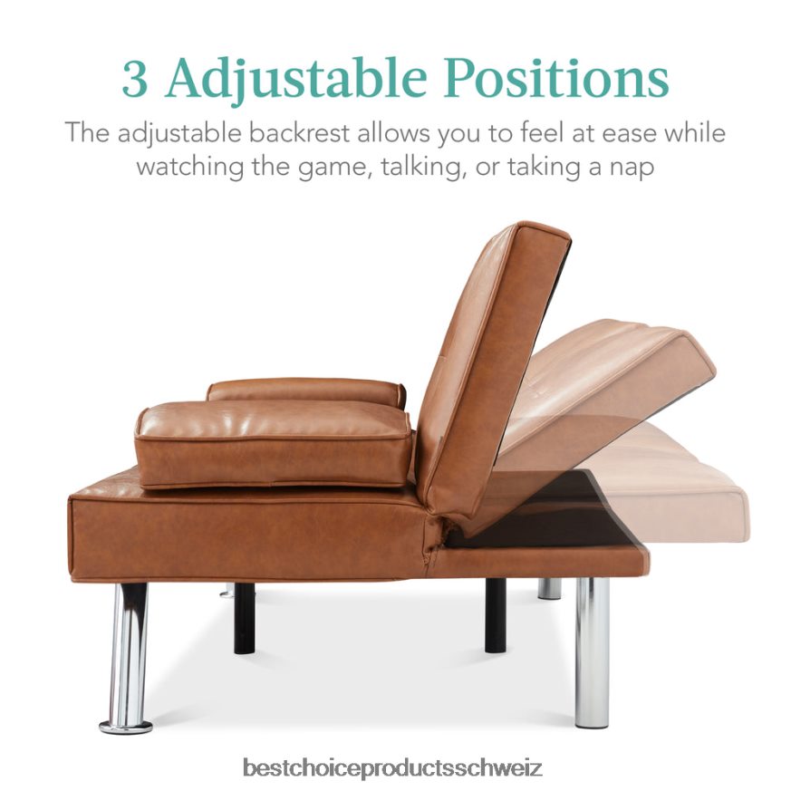 Best Choice Products Umwandelbares Futon-Schlafsofa mit Kunstlederpolsterung und 2 Getränkehaltern bräunen 2JD022629