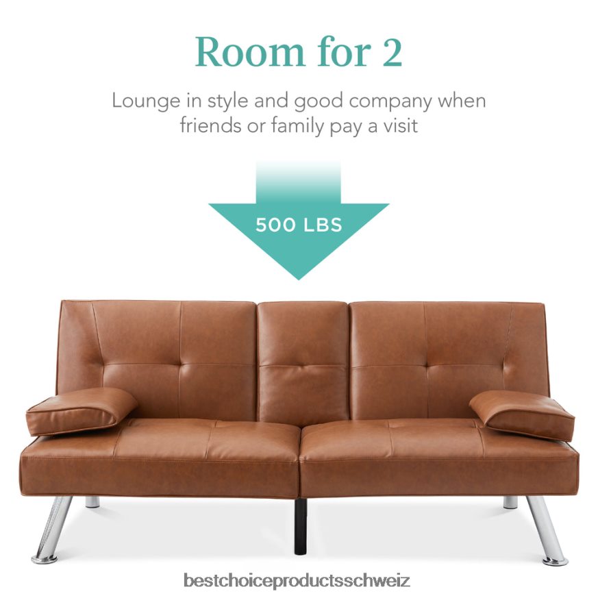 Best Choice Products Umwandelbares Futon-Schlafsofa mit Kunstlederpolsterung und 2 Getränkehaltern bräunen 2JD022629