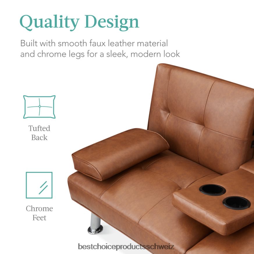 Best Choice Products Umwandelbares Futon-Schlafsofa mit Kunstlederpolsterung und 2 Getränkehaltern bräunen 2JD022629