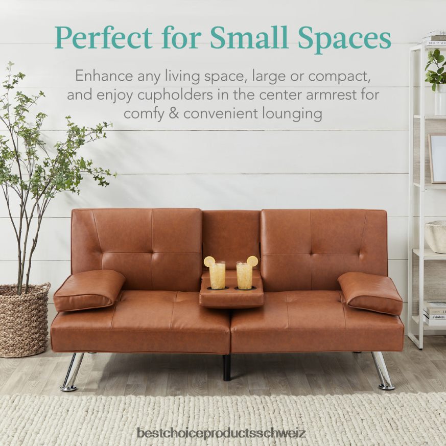 Best Choice Products Umwandelbares Futon-Schlafsofa mit Kunstlederpolsterung und 2 Getränkehaltern bräunen 2JD022629