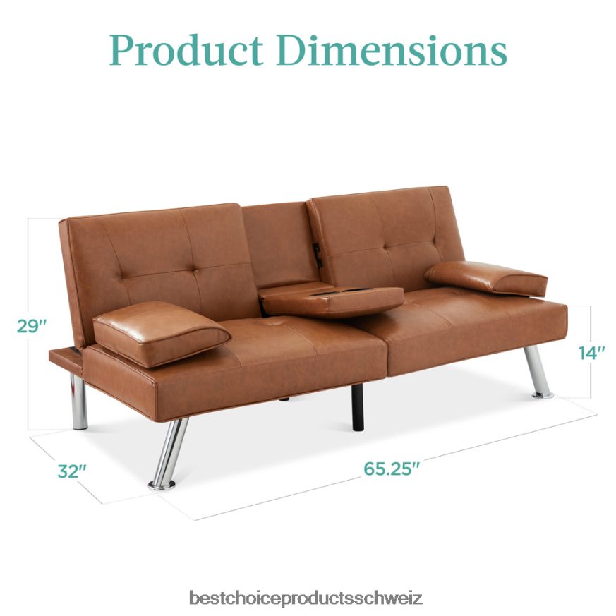 Best Choice Products Umwandelbares Futon-Schlafsofa mit Kunstlederpolsterung und 2 Getränkehaltern bräunen 2JD022629