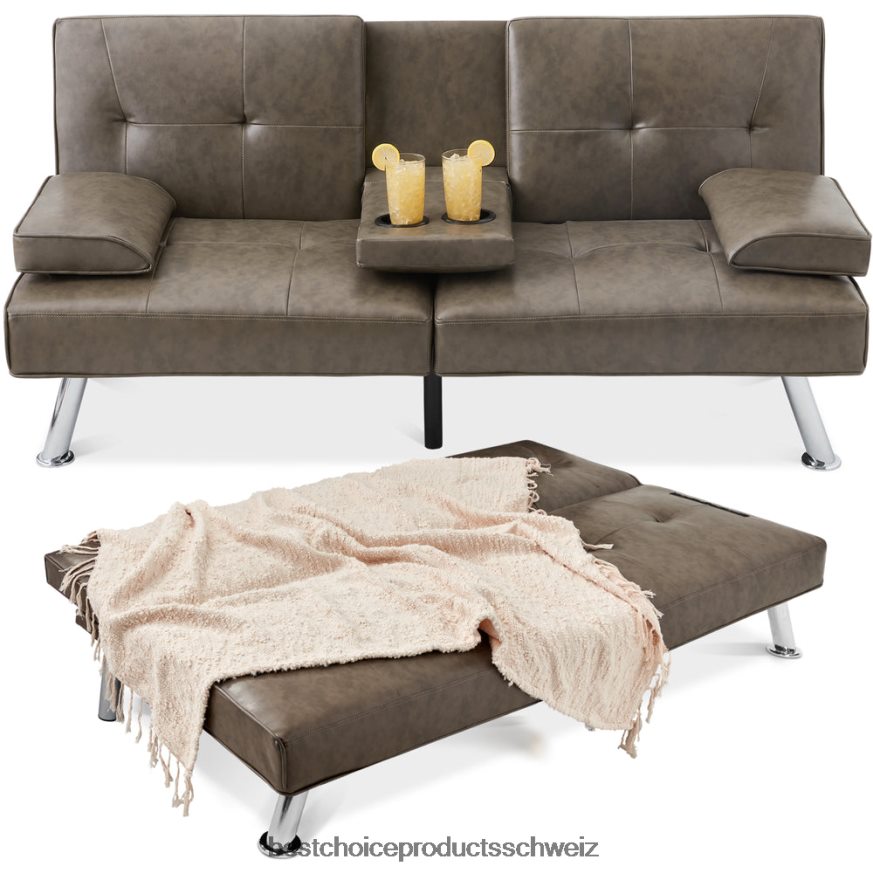 Best Choice Products Umwandelbares Futon-Schlafsofa mit Kunstlederpolsterung und 2 Getränkehaltern grau 2JD022630