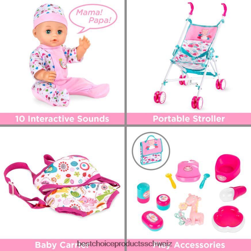 Best Choice Products 15-teiliges 13,5-Zoll-Rollenspielset für Neugeborene mit Puppen und Zubehör Rosa 2JD022323