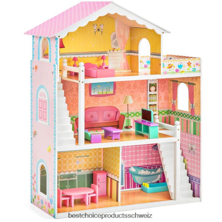 Best Choice Products 3-stöckiges Puppenhaus aus Holz, großes offenes Herrenhaus mit 5 Zimmern, 17 Zubehörteilen Mehrfarbig 2JD022528
