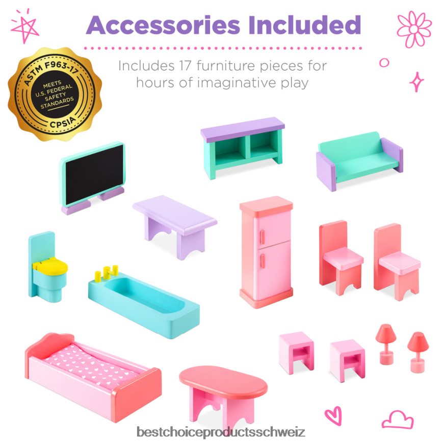 Best Choice Products 3-stöckiges Puppenhaus aus Holz, großes offenes Herrenhaus mit 5 Zimmern, 17 Zubehörteilen Mehrfarbig 2JD022528