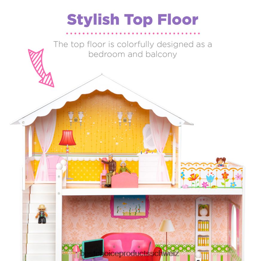 Best Choice Products 3-stöckiges Puppenhaus aus Holz, großes offenes Herrenhaus mit 5 Zimmern, 17 Zubehörteilen Mehrfarbig 2JD022528