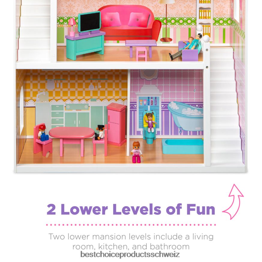 Best Choice Products 3-stöckiges Puppenhaus aus Holz, großes offenes Herrenhaus mit 5 Zimmern, 17 Zubehörteilen Mehrfarbig 2JD022528