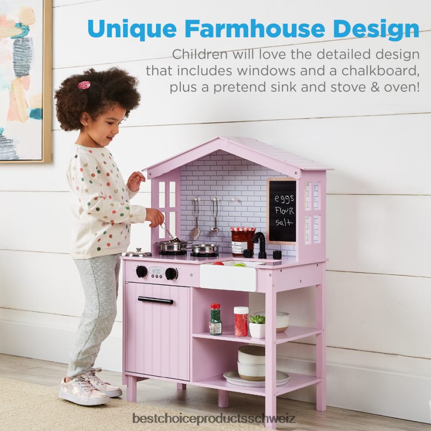 Best Choice Products Kinder-Bauernhaus-Spielküche mit Tafel, Ablageregalen und 5 Zubehörteilen Rosa 2JD022297