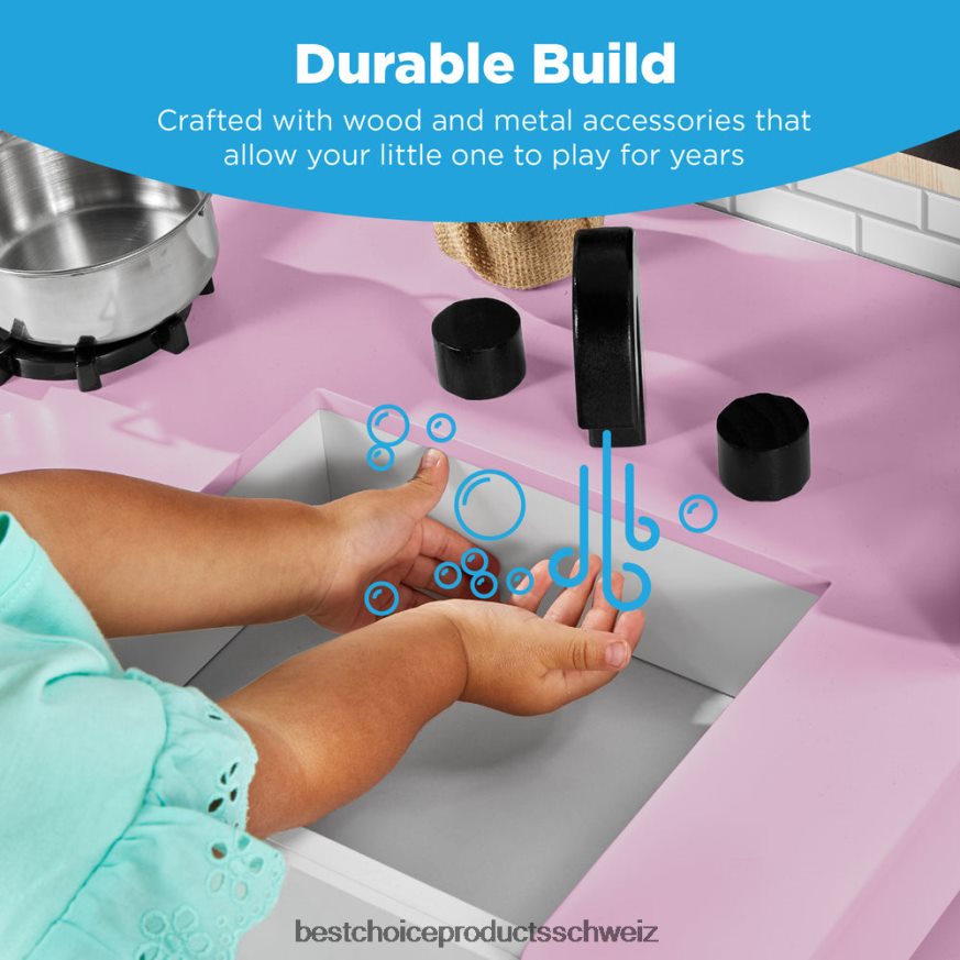 Best Choice Products Kinder-Bauernhaus-Spielküche mit Tafel, Ablageregalen und 5 Zubehörteilen Rosa 2JD022297