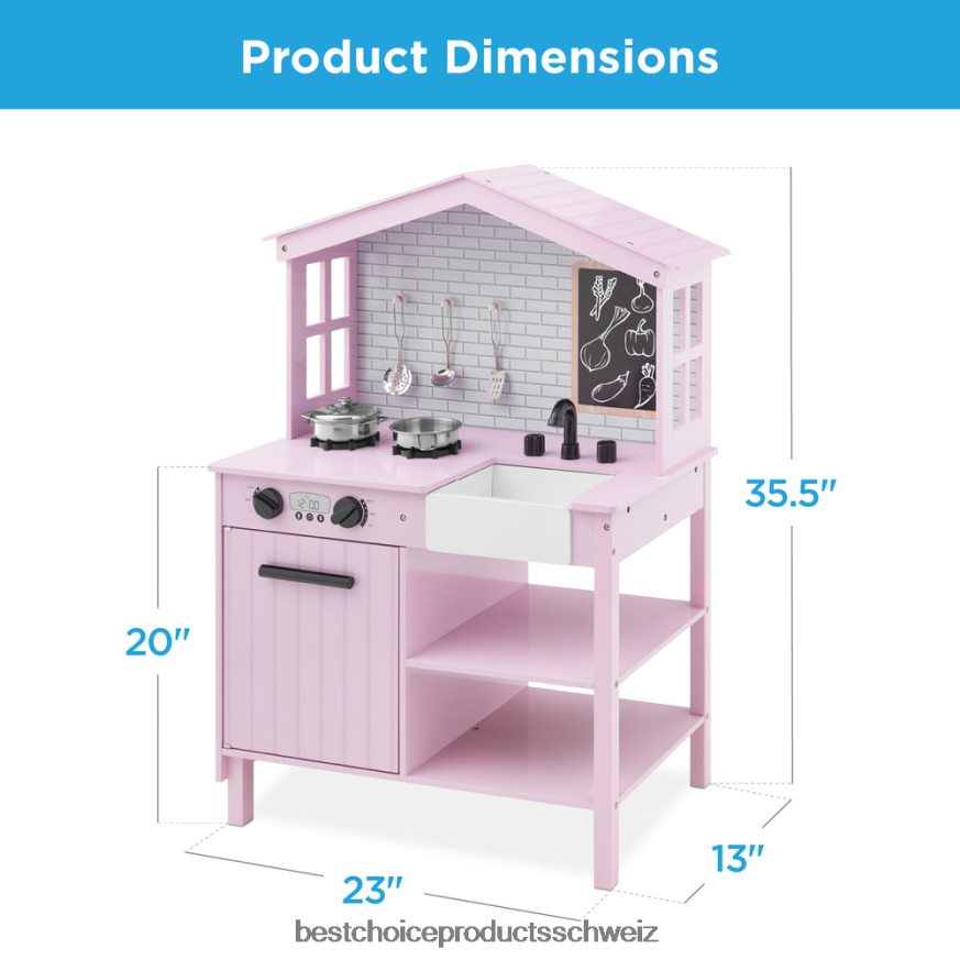 Best Choice Products Kinder-Bauernhaus-Spielküche mit Tafel, Ablageregalen und 5 Zubehörteilen Rosa 2JD022297