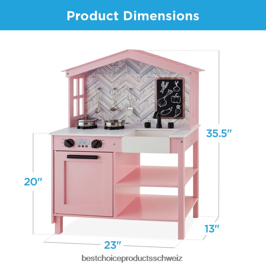 Best Choice Products Kinder-Bauernhaus-Spielküche mit Tafel, Ablageregalen und 5 Zubehörteilen abgeschrägtes Rosa 2JD022300