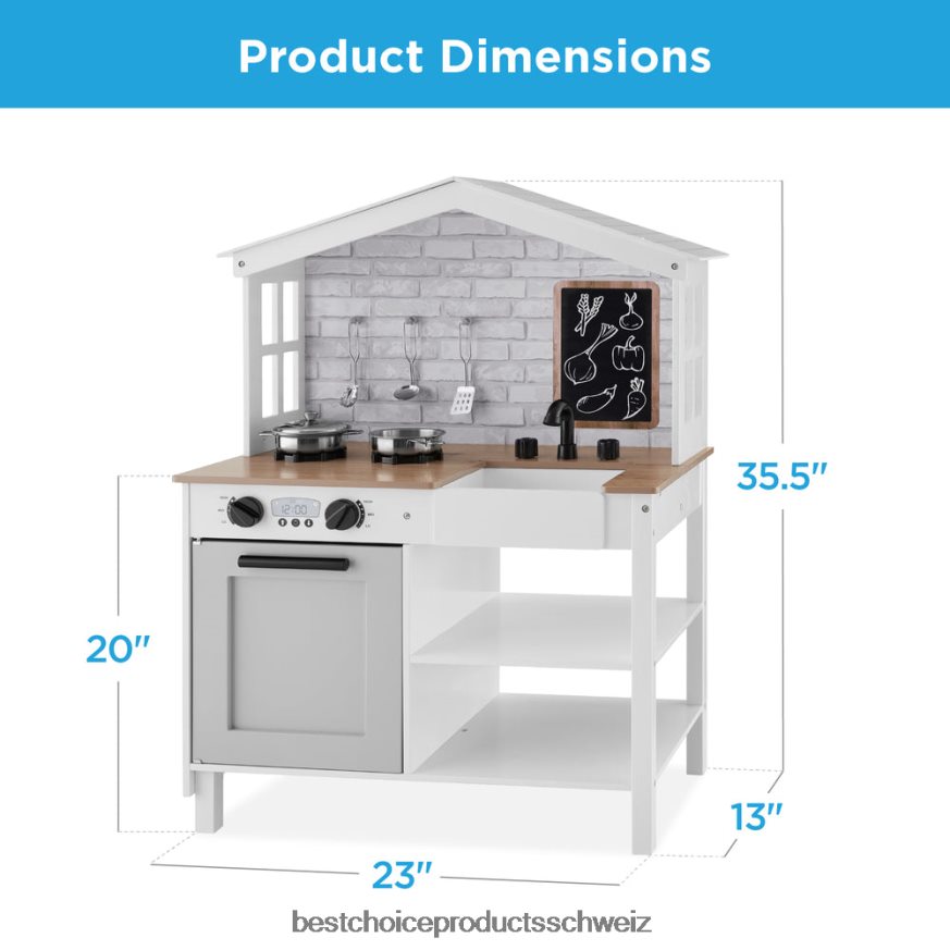 Best Choice Products Kinder-Bauernhaus-Spielküche mit Tafel, Ablageregalen und 5 Zubehörteilen abgeschrägtes Weiß 2JD022299