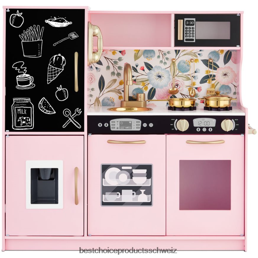 Best Choice Products Rollenspielküche aus Holz für Kinder mit 11 Zubehörteilen rosa blumig 2JD022295