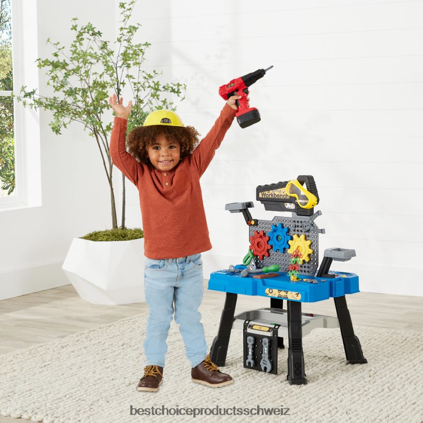 Best Choice Products Rollenspielwerkbank für Kinder, Kinderspielzeugset mit 150 Zubehörteilen Blau 2JD022512