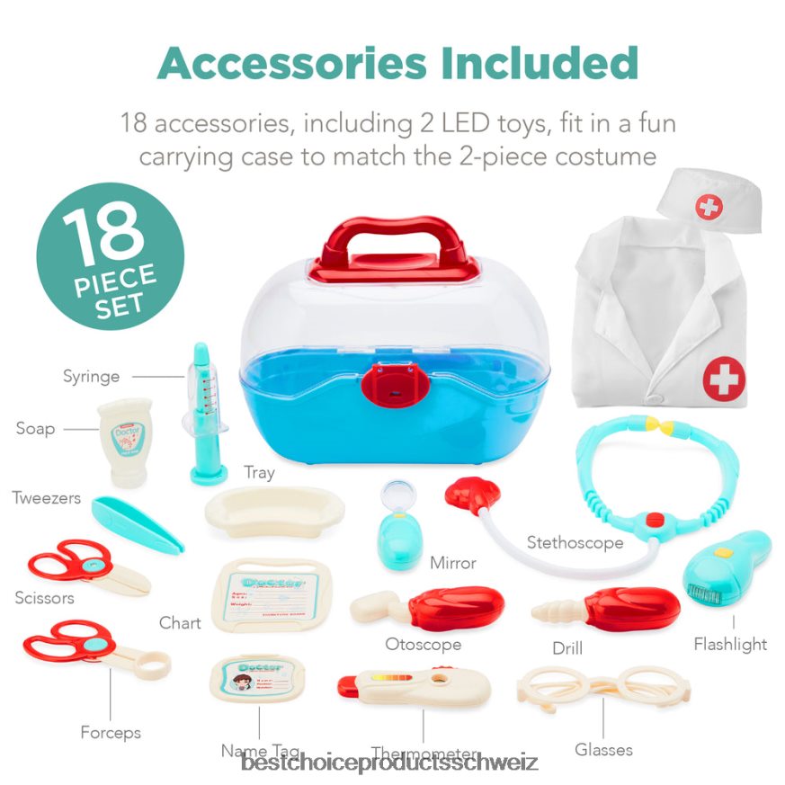 Best Choice Products Spiel-Arztset für Kinder, Jungen und Mädchen mit 18 Zubehörteilen, Arztkittel und Hut mehrfarbig 2JD022284