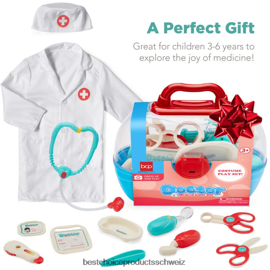 Best Choice Products Spiel-Arztset für Kinder, Jungen und Mädchen mit 18 Zubehörteilen, Arztkittel und Hut mehrfarbig 2JD022284