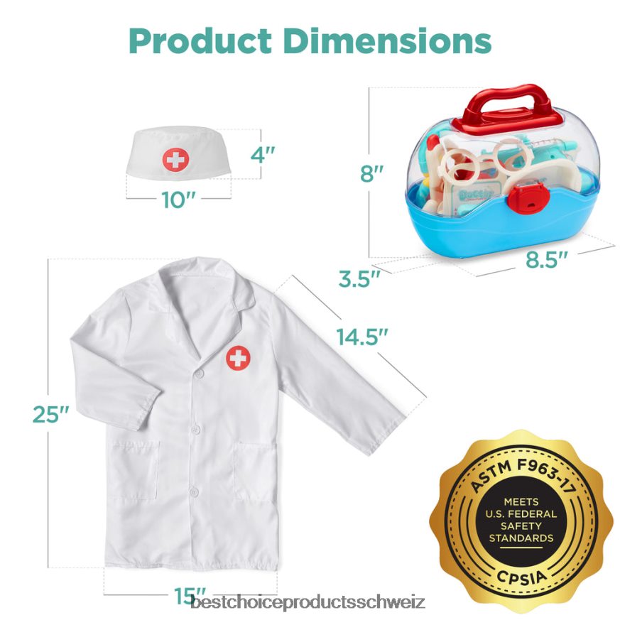 Best Choice Products Spiel-Arztset für Kinder, Jungen und Mädchen mit 18 Zubehörteilen, Arztkittel und Hut mehrfarbig 2JD022284
