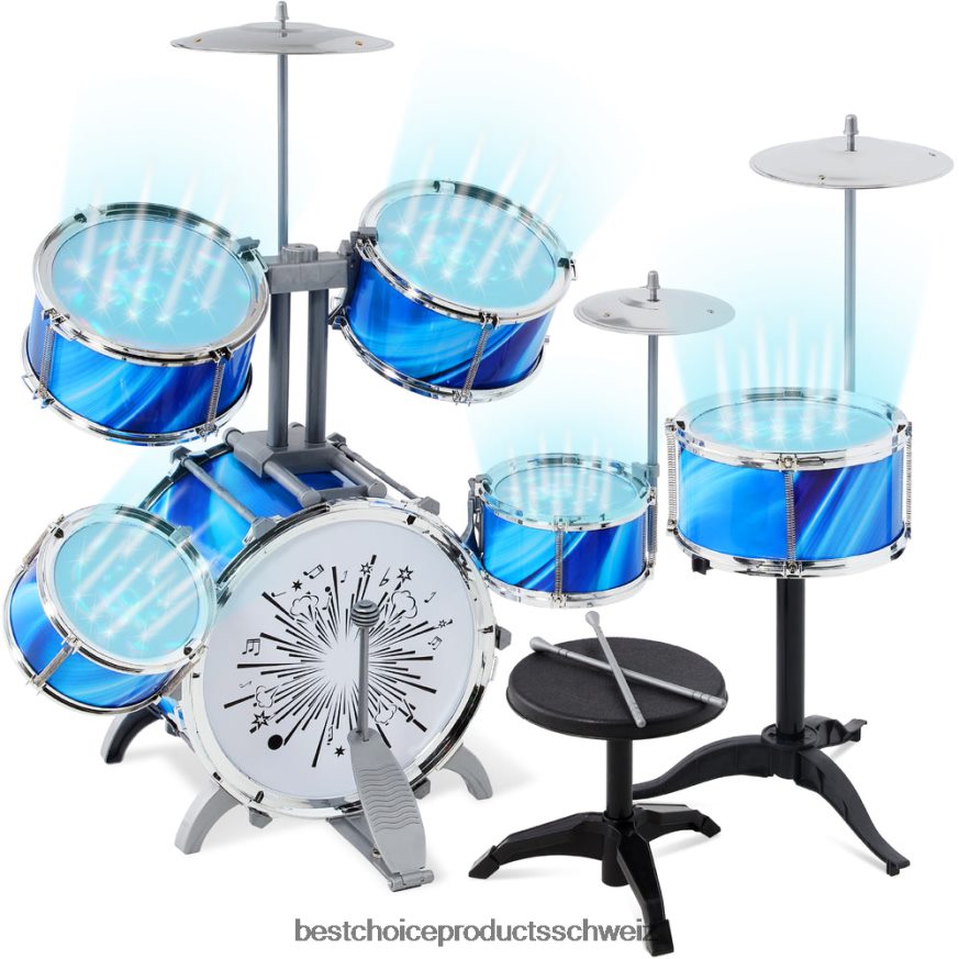 Best Choice Products 18-teiliges Einsteiger-Schlagzeugset für Kinder, Musikinstrumenten-Spielzeugset mit LED-Leuchten Blau 2JD022562