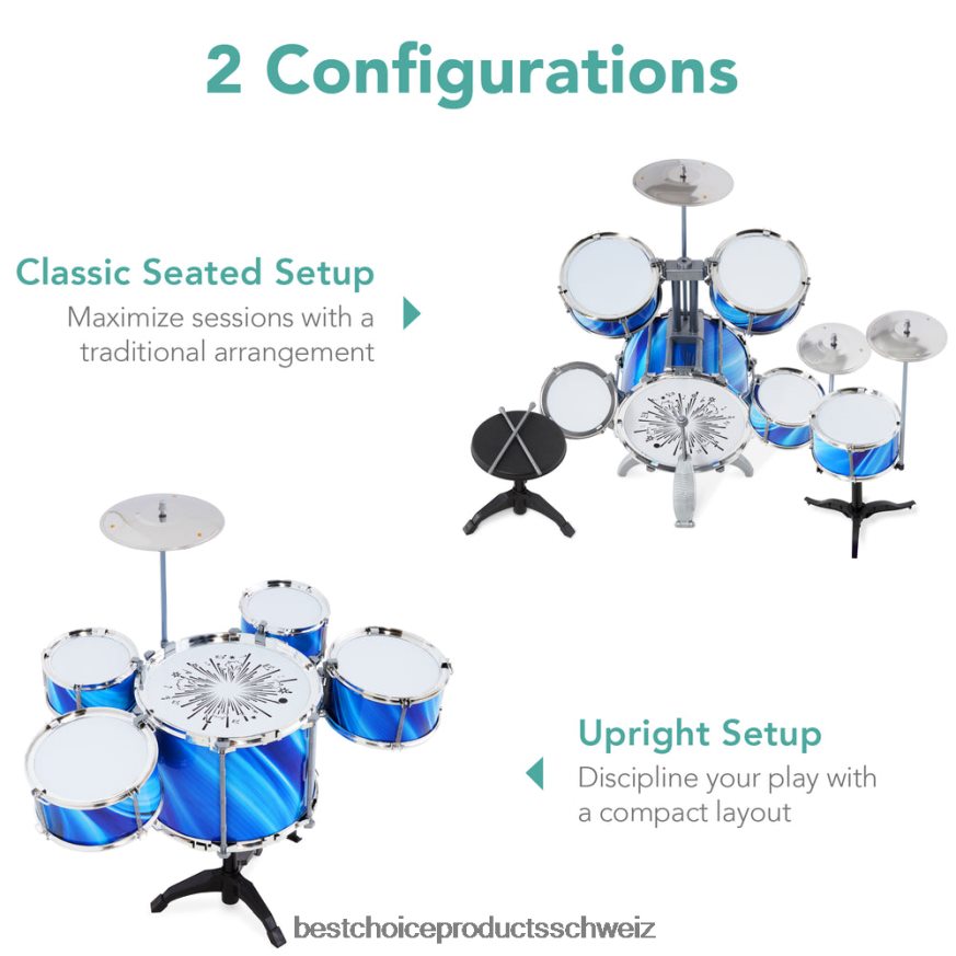 Best Choice Products 18-teiliges Einsteiger-Schlagzeugset für Kinder, Musikinstrumenten-Spielzeugset mit LED-Leuchten Blau 2JD022562